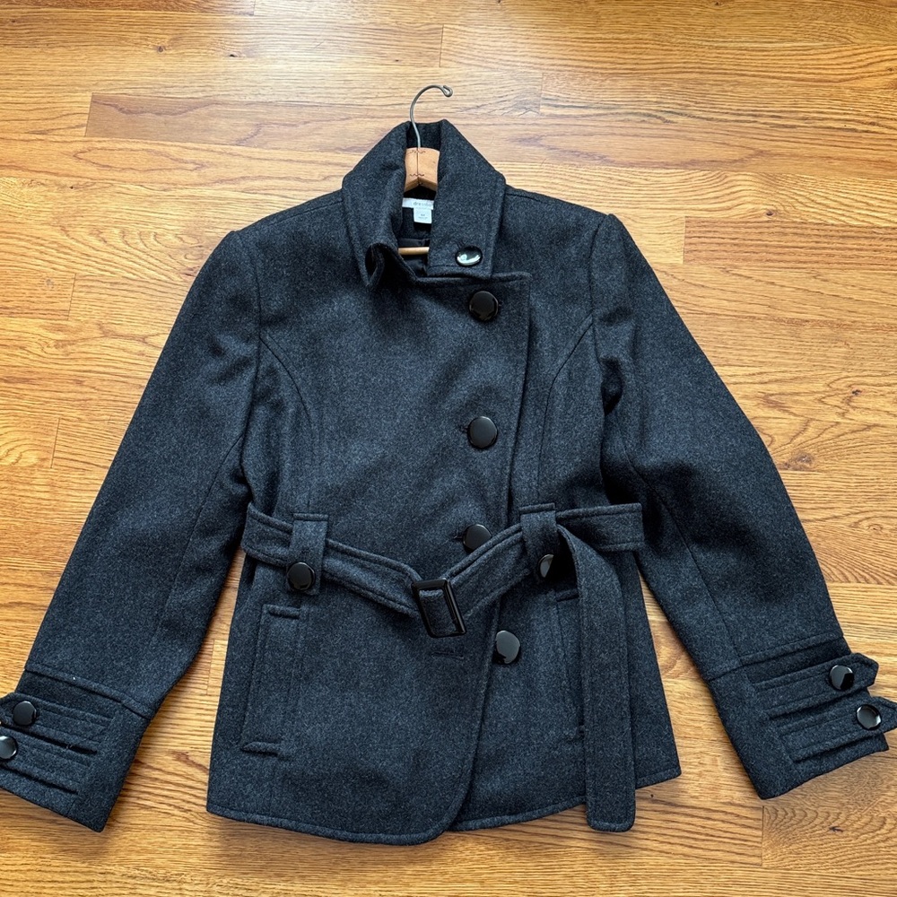 Dress Barn Charcoal Grey Women's Double-Breasted Short Pea Coat with Belt - Picture 9 of 11